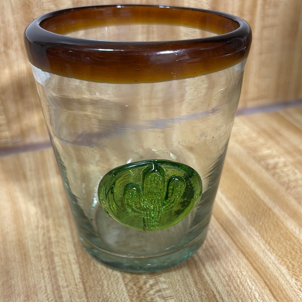 Artisan Glass Tumbler with Green Cactus Motif